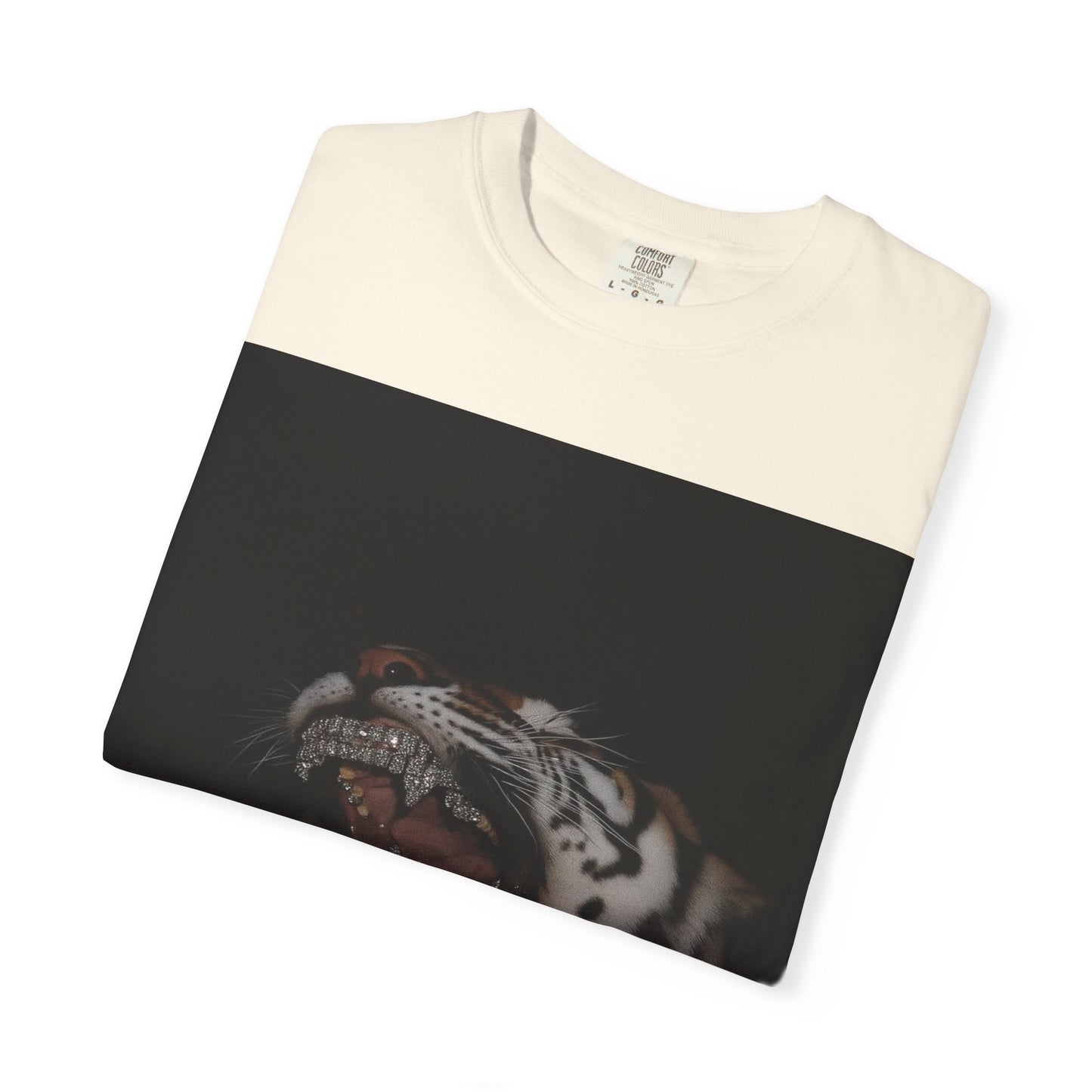 Folded DarkThoughts ‘Diamond Fangs’ ivory graphic t-shirt with a snarling tiger and diamond-like fangs — gothic grunge alternative streetwear.