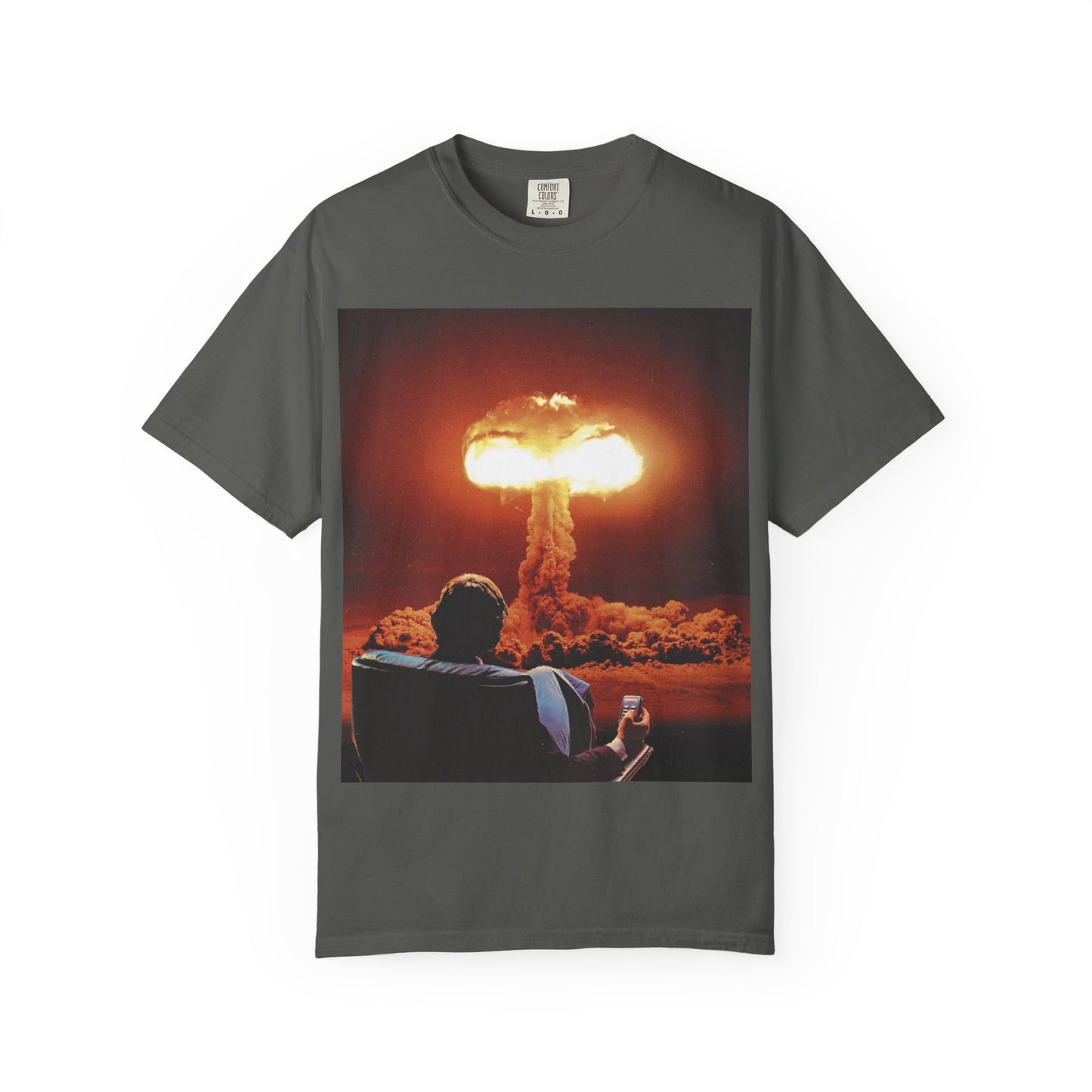 DarkThoughts ‘End of Broadcast’ pepper graphic t-shirt featuring a silhouette figure watching a massive explosion in vivid orange tones — dark grunge alternative streetwear tee.