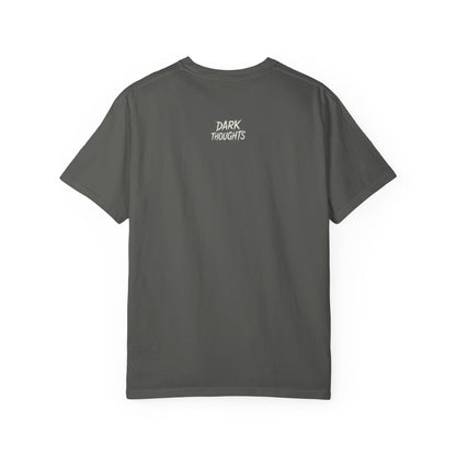 Back view of DarkThoughts ‘Devour’ pepper t-shirt featuring minimalist DarkThoughts logo — dark alternative streetwear.