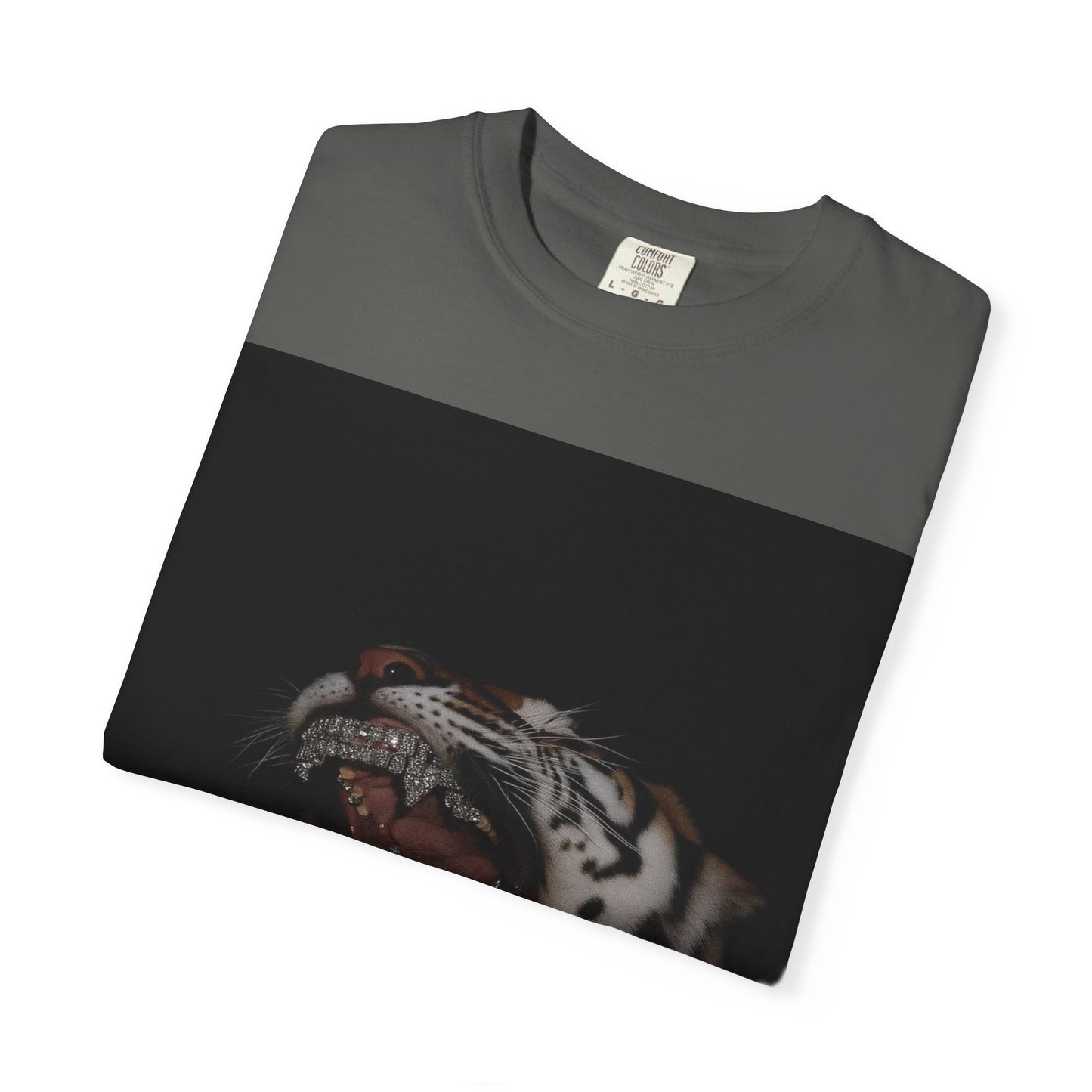 Folded DarkThoughts ‘Diamond Fangs’ pepper graphic t-shirt with a snarling tiger and diamond-like fangs — gothic grunge alternative streetwear.