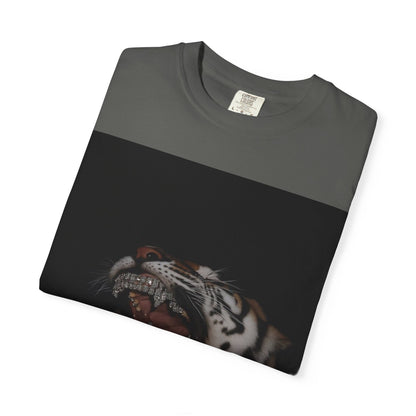 Folded DarkThoughts ‘Diamond Fangs’ pepper graphic t-shirt with a snarling tiger and diamond-like fangs — gothic grunge alternative streetwear.