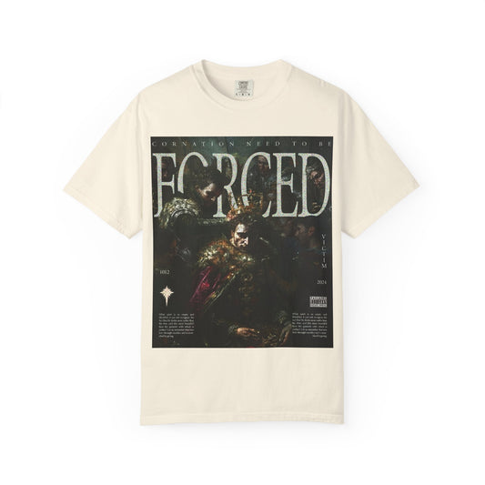 DarkThoughts ‘Forced Crown’ ivory graphic t-shirt featuring a dark crowned warrior in a baroque-inspired coronation scene — gothic alternative streetwear tee.