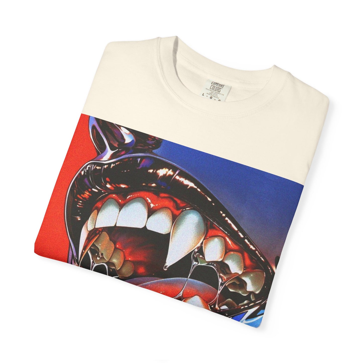 Folded DarkThoughts ‘Chrome Hunger’ ivory graphic t-shirt featuring surreal chrome teeth with bold red-blue artwork — gothic grunge alternative streetwear.