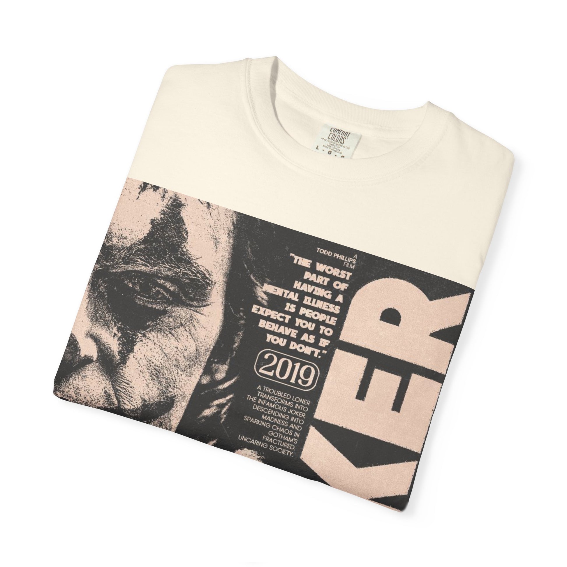 Folded DarkThoughts ‘As If You Don’t’ ivory t-shirt with distressed clown-makeup portrait collage and grunge beige lettering — gothic alternative streetwear.