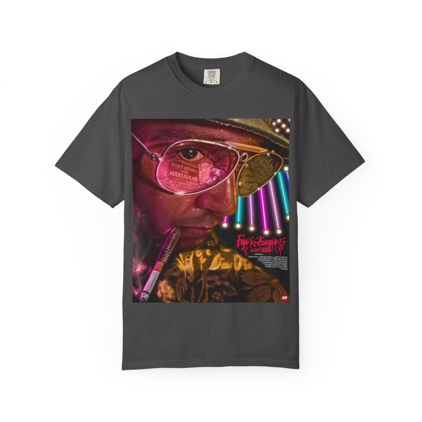 DarkThoughts ‘Fear and Loathing’ graphite graphic t-shirt featuring psychedelic neon artwork with surreal sunglasses and vibrant desert visuals — bold alternative streetwear tee.