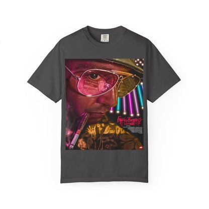 DarkThoughts ‘Fear and Loathing’ graphite graphic t-shirt featuring psychedelic neon artwork with surreal sunglasses and vibrant desert visuals — bold alternative streetwear tee.