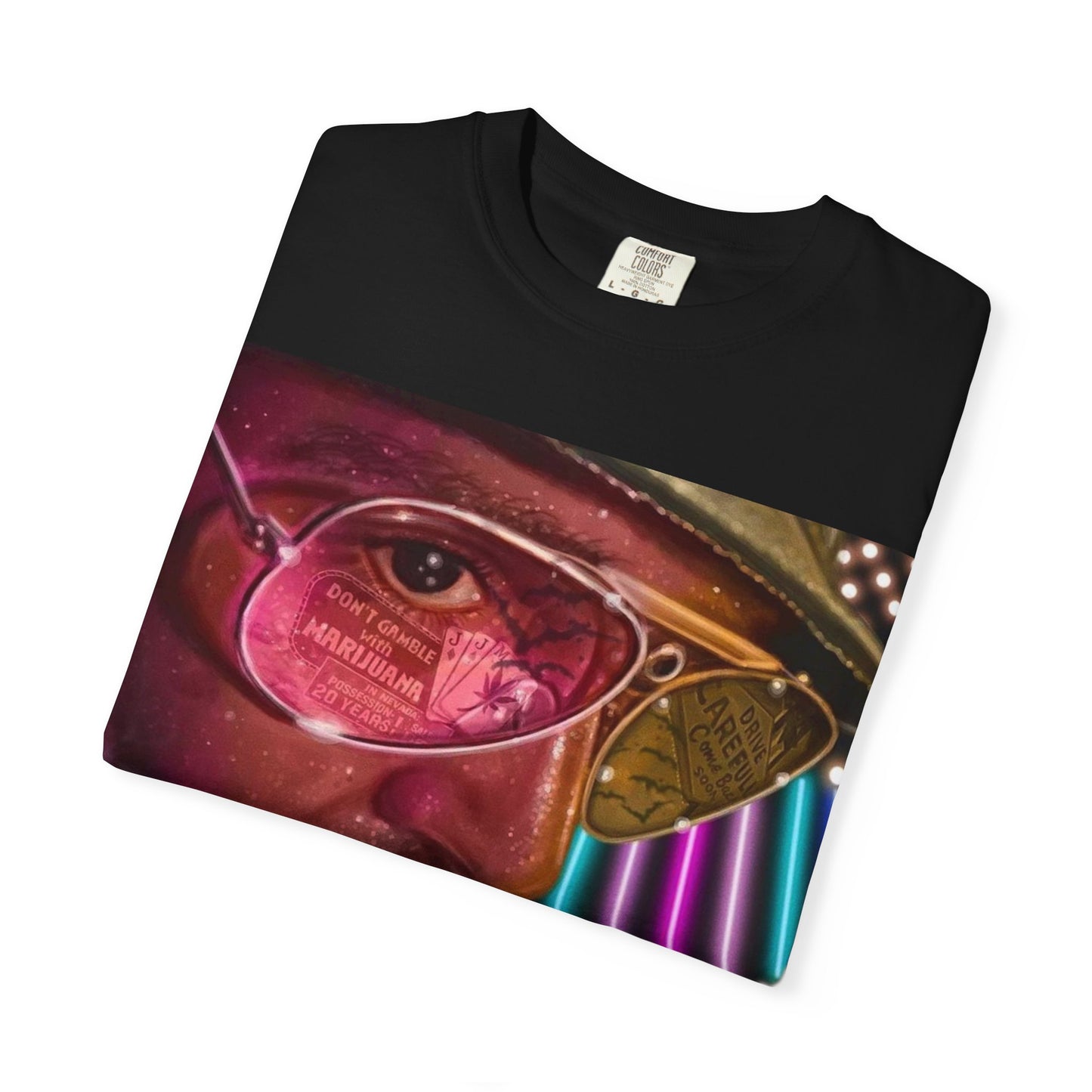 Folded DarkThoughts ‘Fear and Loathing’ black graphic t-shirt featuring psychedelic neon artwork with surreal sunglasses and desert visuals — bold alternative streetwear.