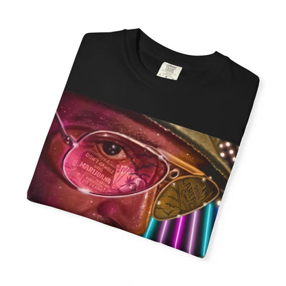 Folded DarkThoughts ‘Fear and Loathing’ black graphic t-shirt featuring psychedelic neon artwork with surreal sunglasses and desert visuals — bold alternative streetwear.