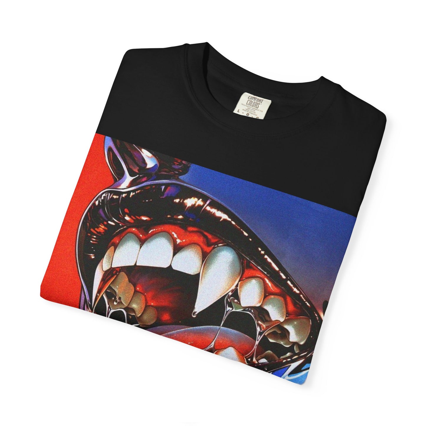 Folded DarkThoughts ‘Chrome Hunger’ graphic t-shirt featuring surreal chrome teeth and bold red-blue artwork — gothic grunge alternative streetwear.