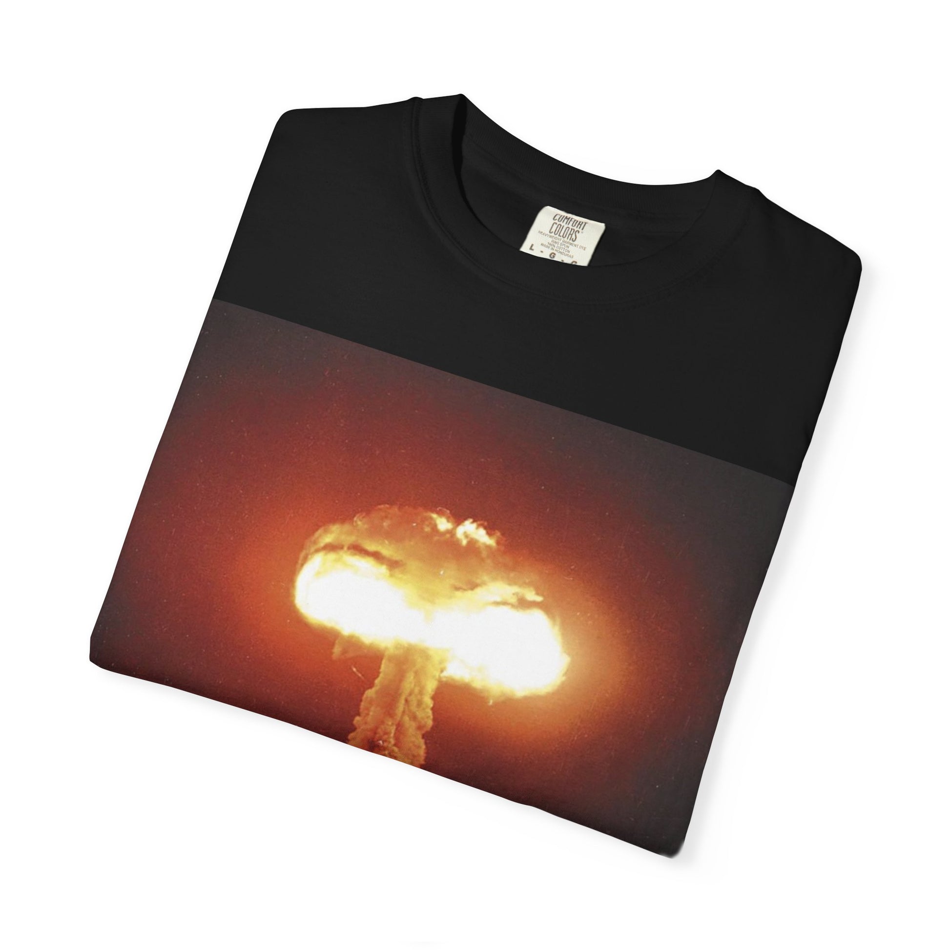 DarkThoughts ‘End of Broadcast’ black graphic t-shirt featuring a silhouette figure watching a massive explosion in vivid orange tones — dark grunge alternative streetwear tee.
