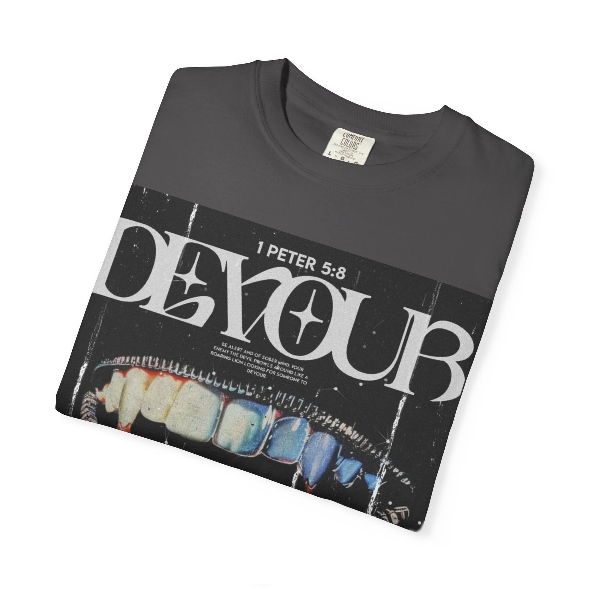 Folded DarkThoughts ‘Devour’ graphite graphic t-shirt with distorted teeth and tongue collage and grunge lettering — gothic alternative streetwear.