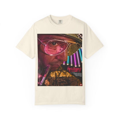 DarkThoughts ‘Fear and Loathing’ ivory graphic t-shirt featuring psychedelic neon artwork with surreal sunglasses and vibrant desert visuals — bold alternative streetwear tee.