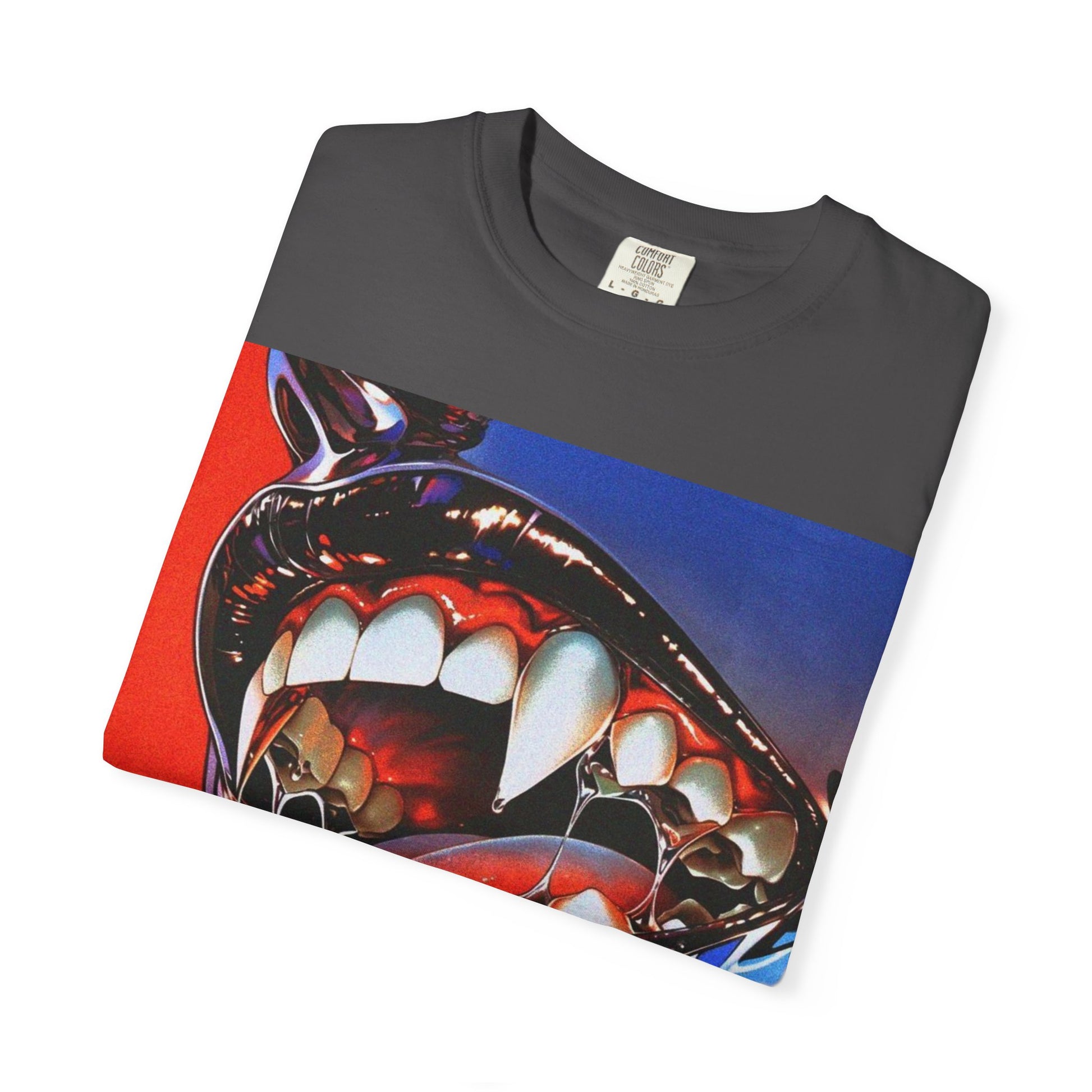 Folded DarkThoughts ‘Chrome Hunger’ graphite graphic t-shirt featuring surreal chrome teeth with bold red-blue artwork — gothic grunge alternative streetwear.