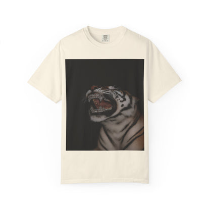 DarkThoughts ‘Diamond Fangs’ ivory graphic t-shirt featuring a snarling tiger with diamond-like fangs — bold gothic alternative streetwear tee.