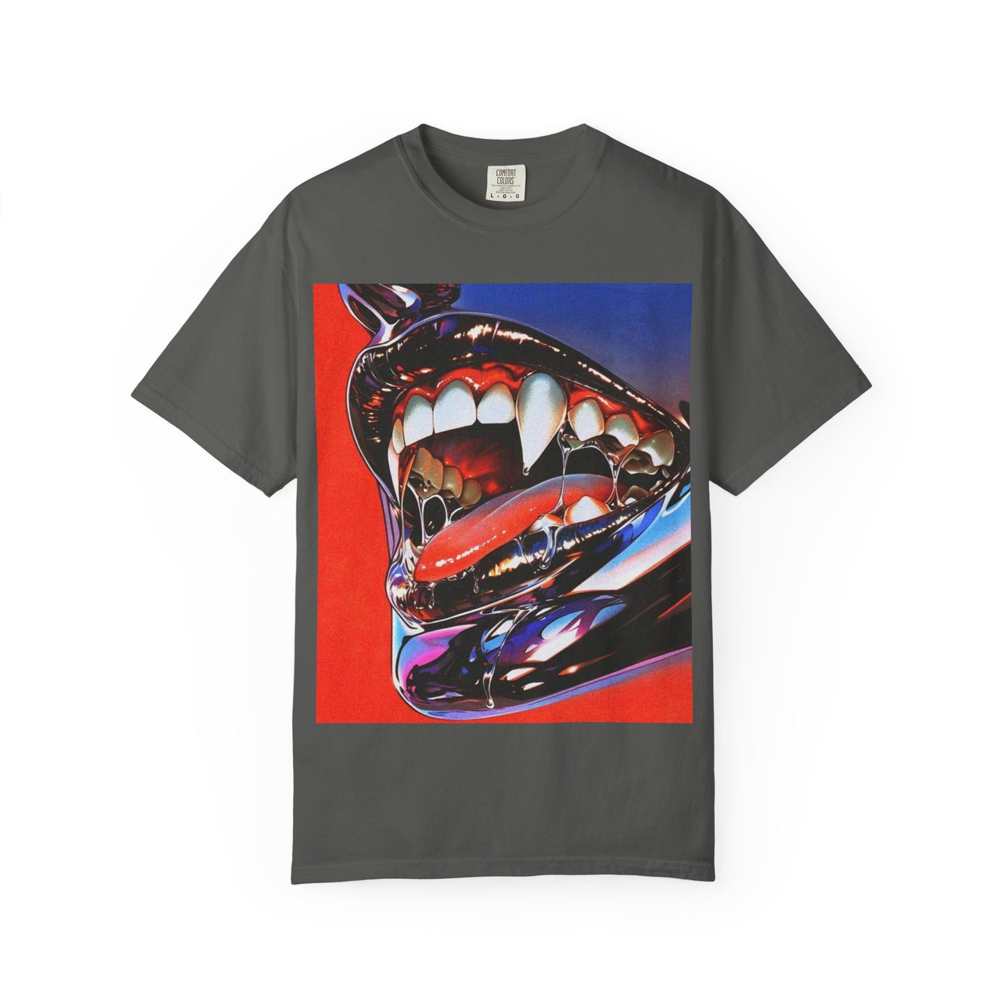 DarkThoughts ‘Chrome Hunger’ pepper graphic t-shirt featuring surreal chrome teeth with bold red-blue artwork — gothic grunge alternative streetwear tee.