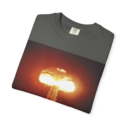 DarkThoughts ‘End of Broadcast’ pepper graphic t-shirt featuring a silhouette figure watching a massive explosion in vivid orange tones — dark grunge alternative streetwear tee.