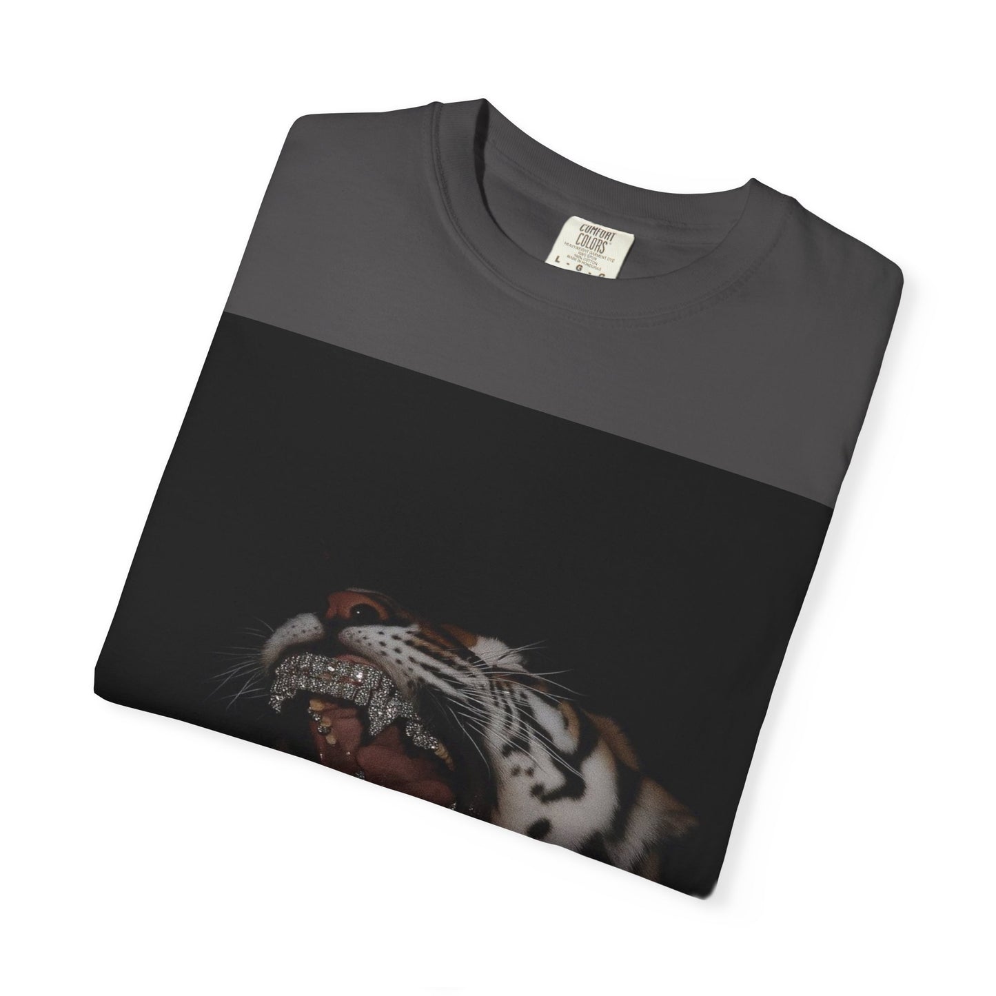 Folded DarkThoughts ‘Diamond Fangs’ graphite graphic t-shirt with a snarling tiger and diamond-like fangs — gothic grunge alternative streetwear.
