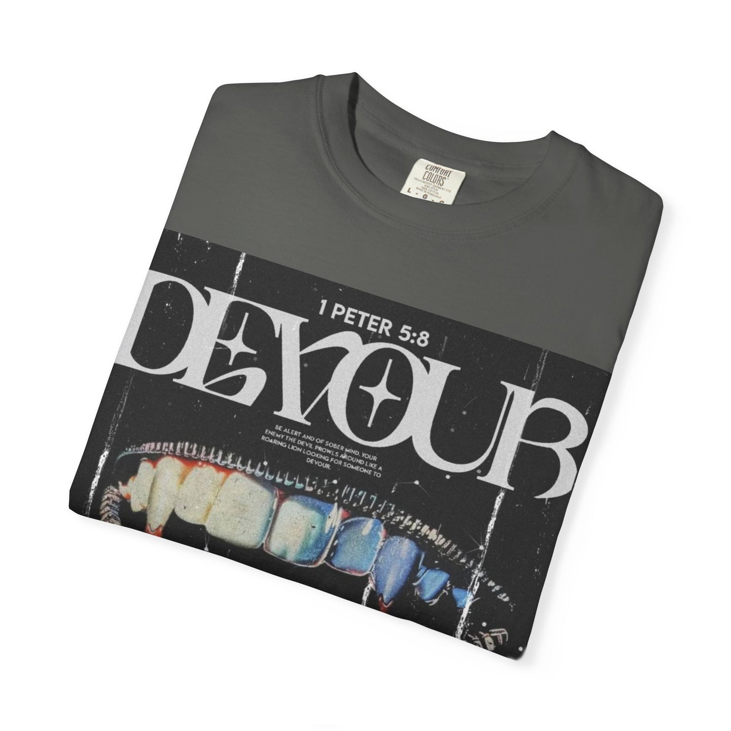 Folded DarkThoughts ‘Devour’ pepper graphic t-shirt with distorted teeth and tongue collage and grunge lettering — gothic alternative streetwear.