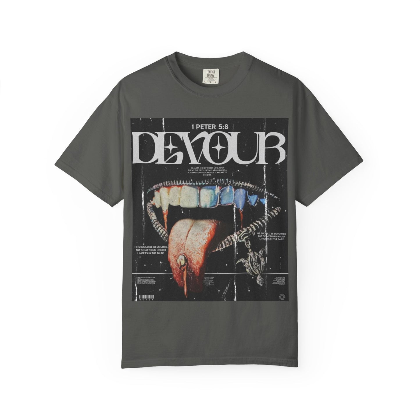 DarkThoughts ‘Devour’ pepper graphic t-shirt featuring distorted teeth and tongue collage artwork with grunge typography — dark alternative streetwear tee.