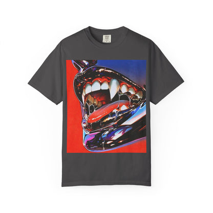 DarkThoughts ‘Chrome Hunger’ graphite graphic t-shirt featuring surreal chrome teeth with bold red-blue artwork — gothic grunge alternative streetwear tee.