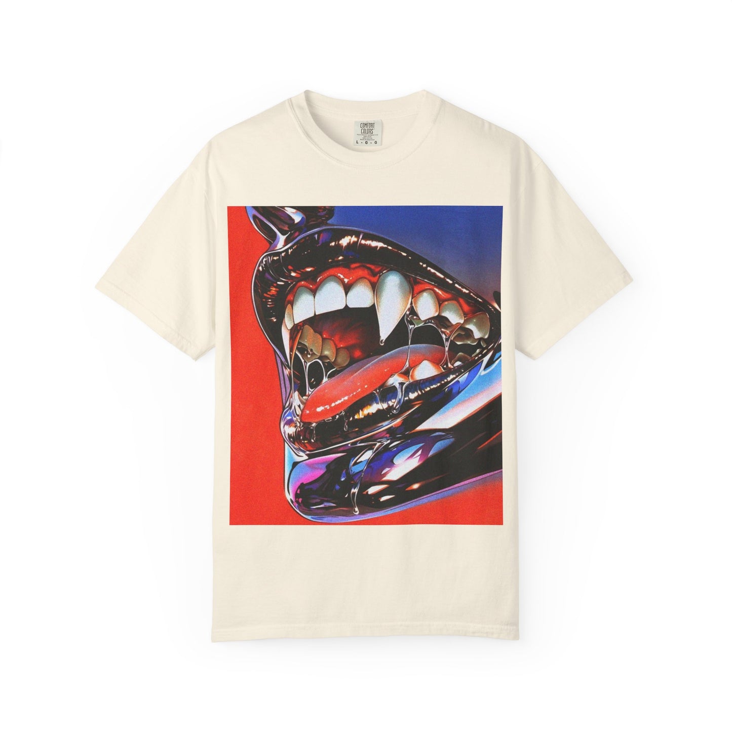DarkThoughts ‘Chrome Hunger’ ivory graphic t-shirt featuring surreal chrome teeth with bold red-blue artwork — gothic grunge alternative streetwear tee.