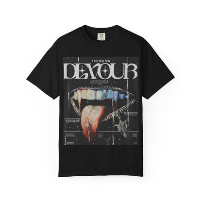 DarkThoughts ‘Devour’ black graphic t-shirt featuring distorted teeth and tongue collage artwork with grunge typography — dark alternative streetwear tee.DarkThoughts ‘Devour’ black graphic t-shirt featuring distorted teeth and tongue collage artwork with grunge typography — dark alternative streetwear tee.