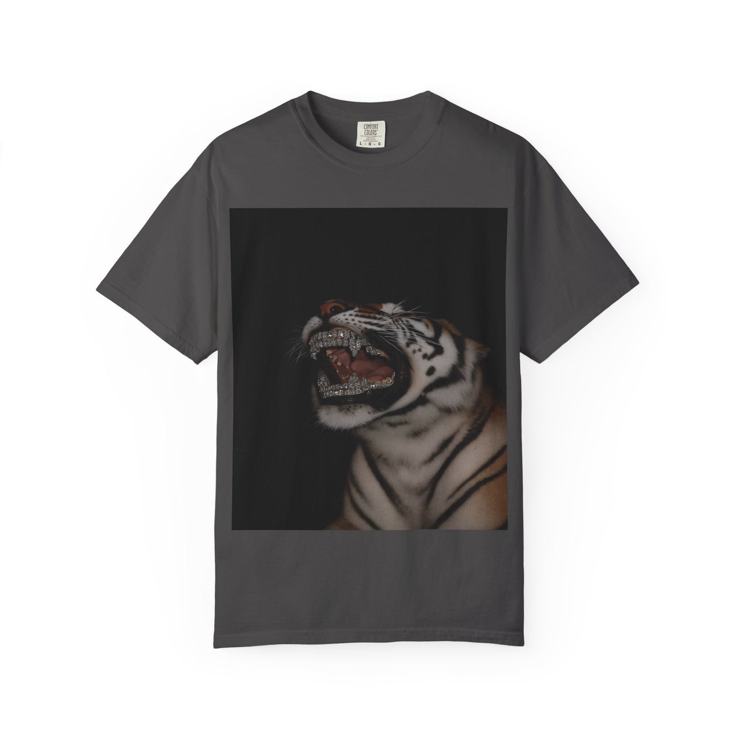 DarkThoughts ‘Diamond Fangs’ graphite graphic t-shirt featuring a snarling tiger with diamond-like fangs — bold gothic alternative streetwear tee.