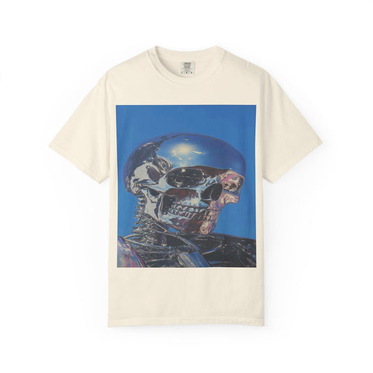 DarkThoughts ‘Future Corpse’ ivory graphic t-shirt featuring a reflective chrome skull under a blue sky — dark gothic alternative streetwear tee.