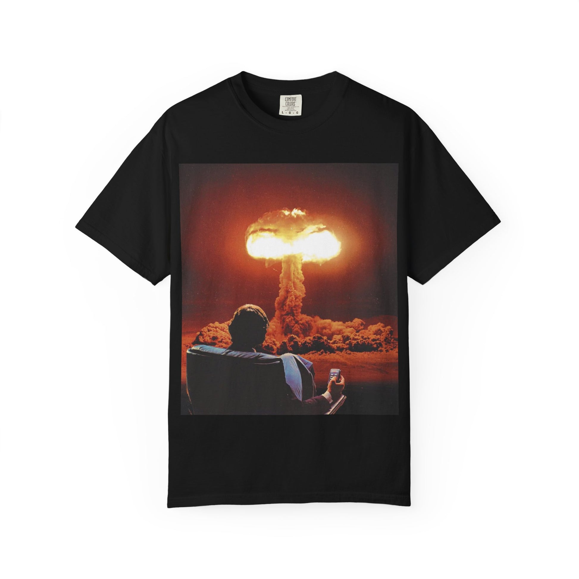 DarkThoughts ‘End of Broadcast’ black graphic t-shirt featuring a silhouette figure watching a massive explosion in vivid orange tones — dark grunge alternative streetwear tee.