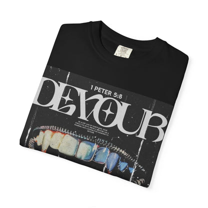 Folded DarkThoughts ‘Devour’ black graphic t-shirt with distorted teeth and tongue collage and grunge lettering — gothic alternative streetwear.