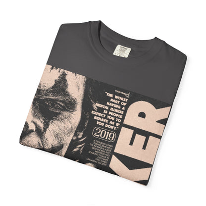 Folded DarkThoughts ‘As If You Don’t’ graphite t-shirt with distressed clown-makeup portrait collage and grunge beige lettering — gothic alternative streetwear.