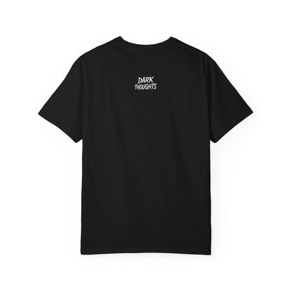 Back view of DarkThoughts ‘Devour’ black t-shirt featuring minimalist DarkThoughts logo — dark alternative streetwear.