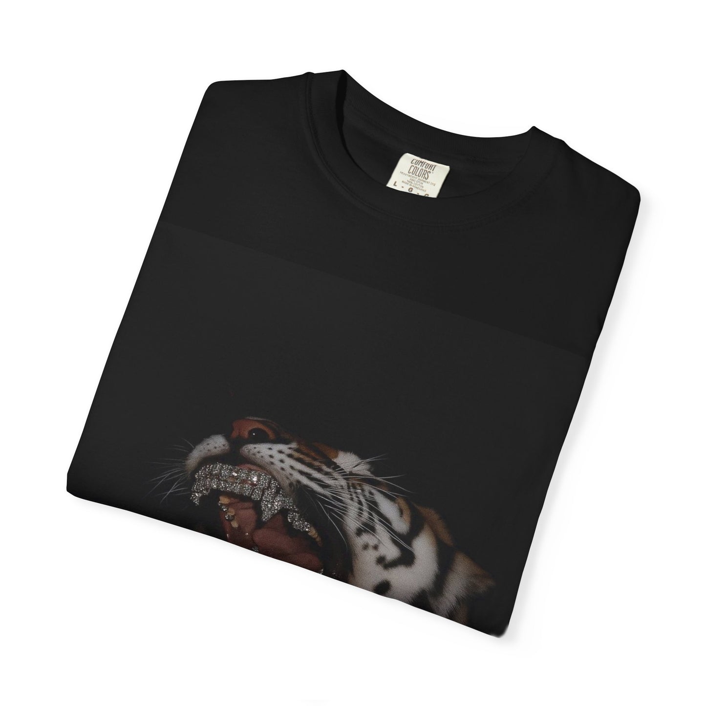 Folded DarkThoughts ‘Diamond Fangs’ black graphic t-shirt with a snarling tiger and diamond-like fangs — gothic grunge alternative streetwear.