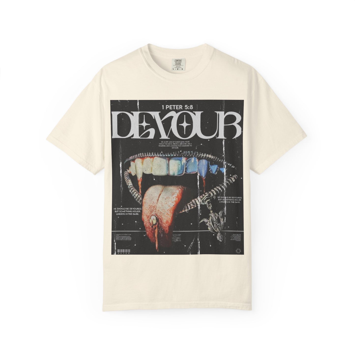 DarkThoughts ‘Devour’ ivory graphic t-shirt featuring distorted teeth and tongue collage artwork with grunge typography — dark alternative streetwear tee.