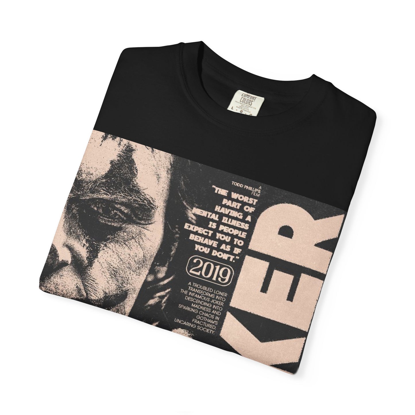 Folded DarkThoughts ‘As If You Don’t’ black t-shirt with distressed clown-makeup portrait collage and grunge beige lettering — gothic alternative streetwear.