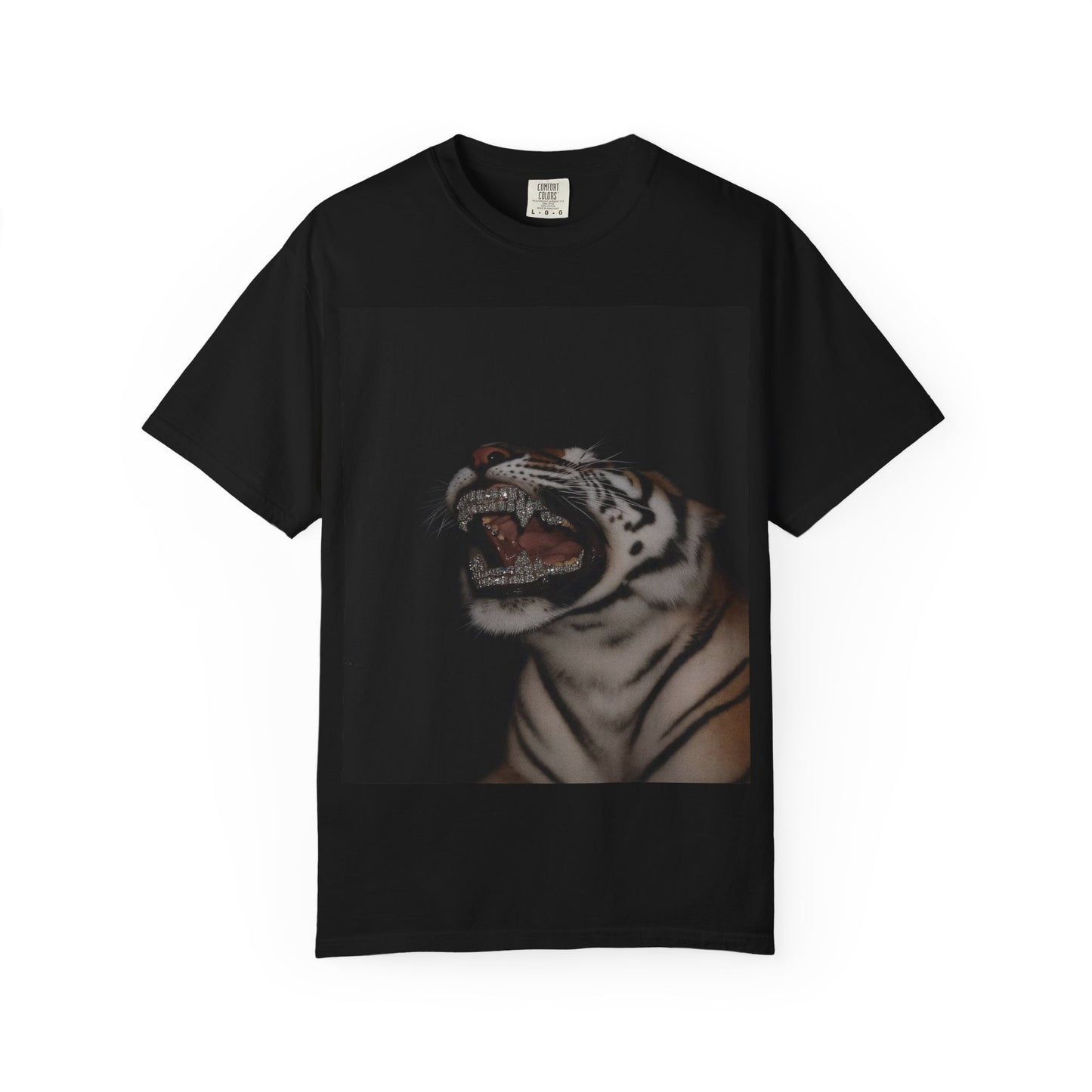 DarkThoughts ‘Diamond Fangs’ black graphic t-shirt featuring a snarling tiger with diamond-like fangs — bold gothic alternative streetwear tee.