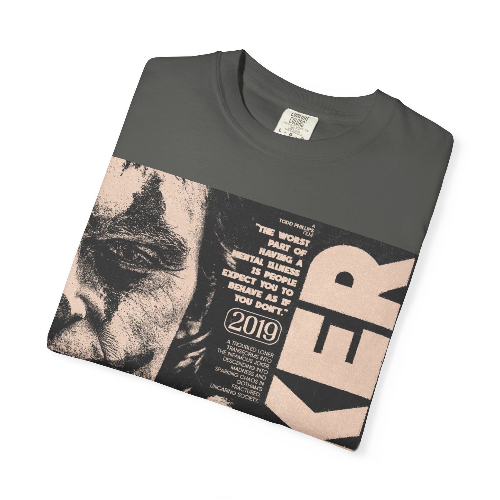 Folded DarkThoughts ‘As If You Don’t’ pepper t-shirt with distressed clown-makeup portrait collage and grunge beige lettering — gothic alternative streetwear.