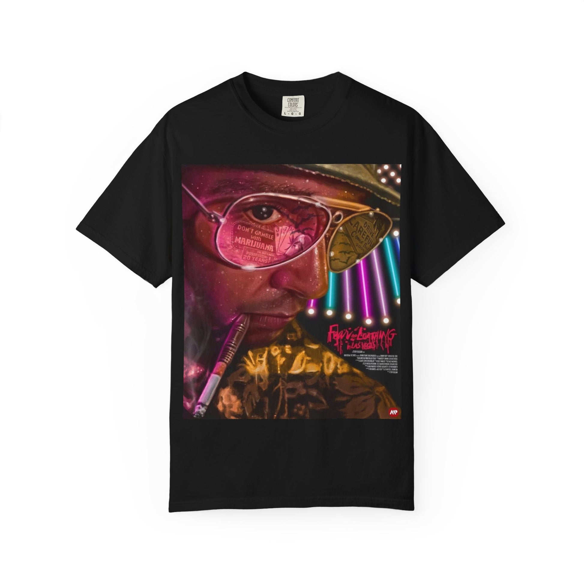 DarkThoughts ‘Fear and Loathing’ black graphic t-shirt featuring psychedelic neon artwork with surreal sunglasses and vibrant desert visuals — bold alternative streetwear tee.