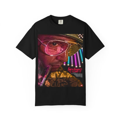 DarkThoughts ‘Fear and Loathing’ black graphic t-shirt featuring psychedelic neon artwork with surreal sunglasses and vibrant desert visuals — bold alternative streetwear tee.