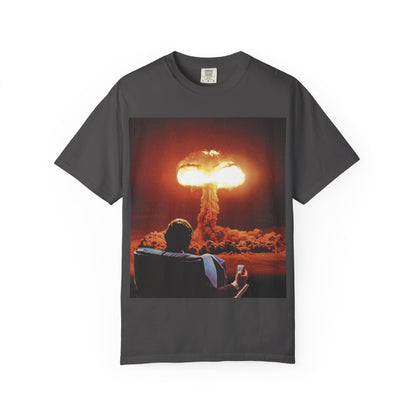 DarkThoughts ‘End of Broadcast’ graphite graphic t-shirt featuring a silhouette figure watching a massive explosion in vivid orange tones — dark grunge alternative streetwear tee.