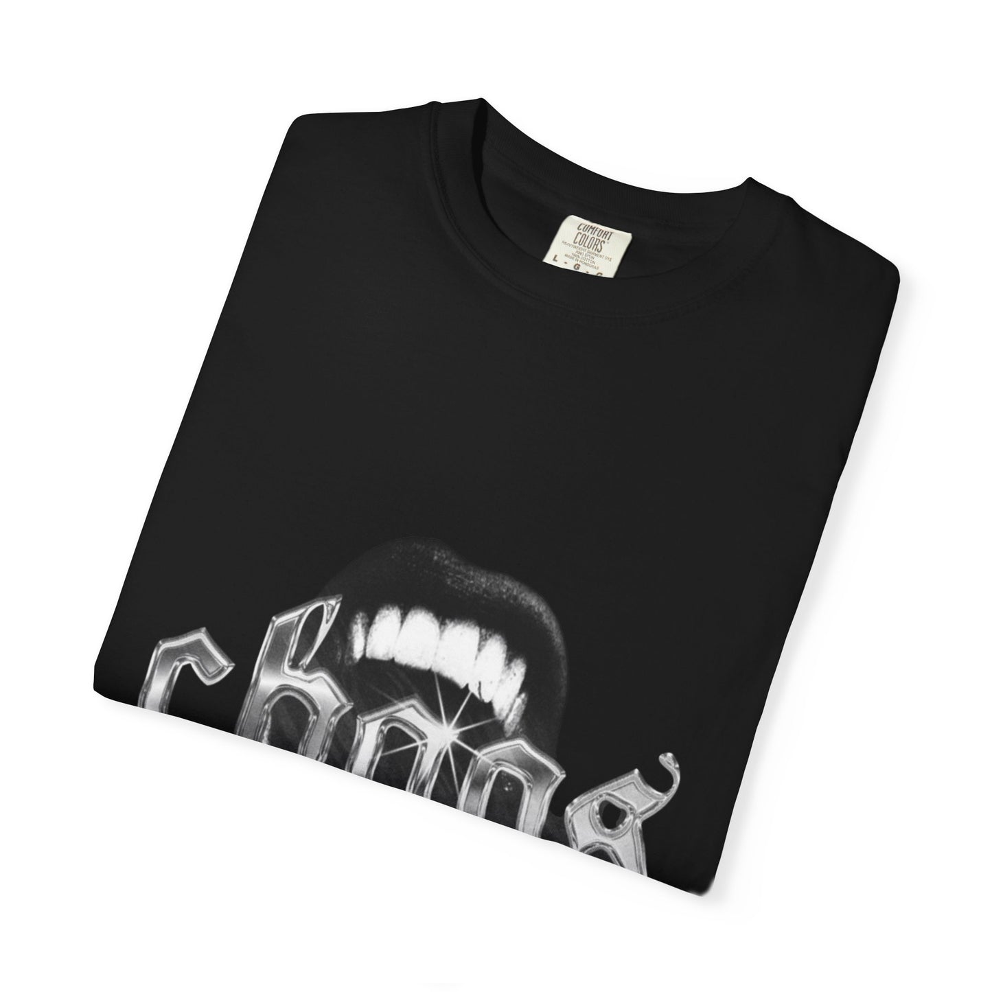 Folded DarkThoughts ‘Chaos’ black graphic t-shirt featuring gothic mouth and sharp teeth artwork — premium grunge alternative streetwear.