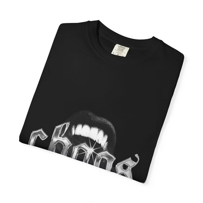 Folded DarkThoughts ‘Chaos’ black graphic t-shirt featuring gothic mouth and sharp teeth artwork — premium grunge alternative streetwear.