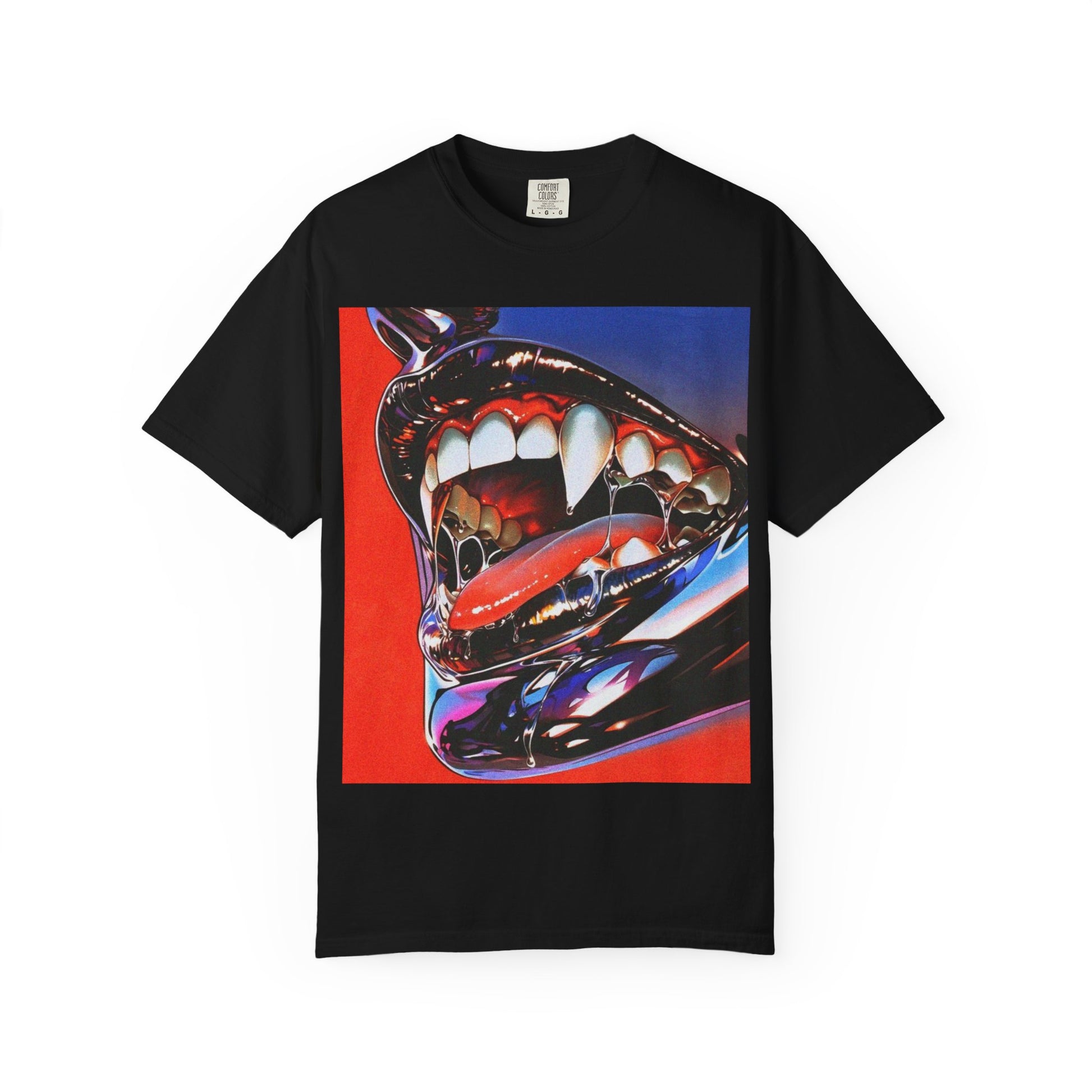 DarkThoughts ‘Chrome Hunger’ black graphic t-shirt featuring surreal chrome teeth with bold red-blue artwork — gothic grunge alternative streetwear tee.