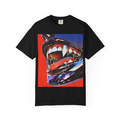 DarkThoughts ‘Chrome Hunger’ black graphic t-shirt featuring surreal chrome teeth with bold red-blue artwork — gothic grunge alternative streetwear tee.