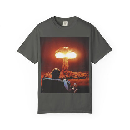 DarkThoughts ‘End of Broadcast’ pepper graphic t-shirt featuring a silhouette figure watching a massive explosion in vivid orange tones — dark grunge alternative streetwear tee.