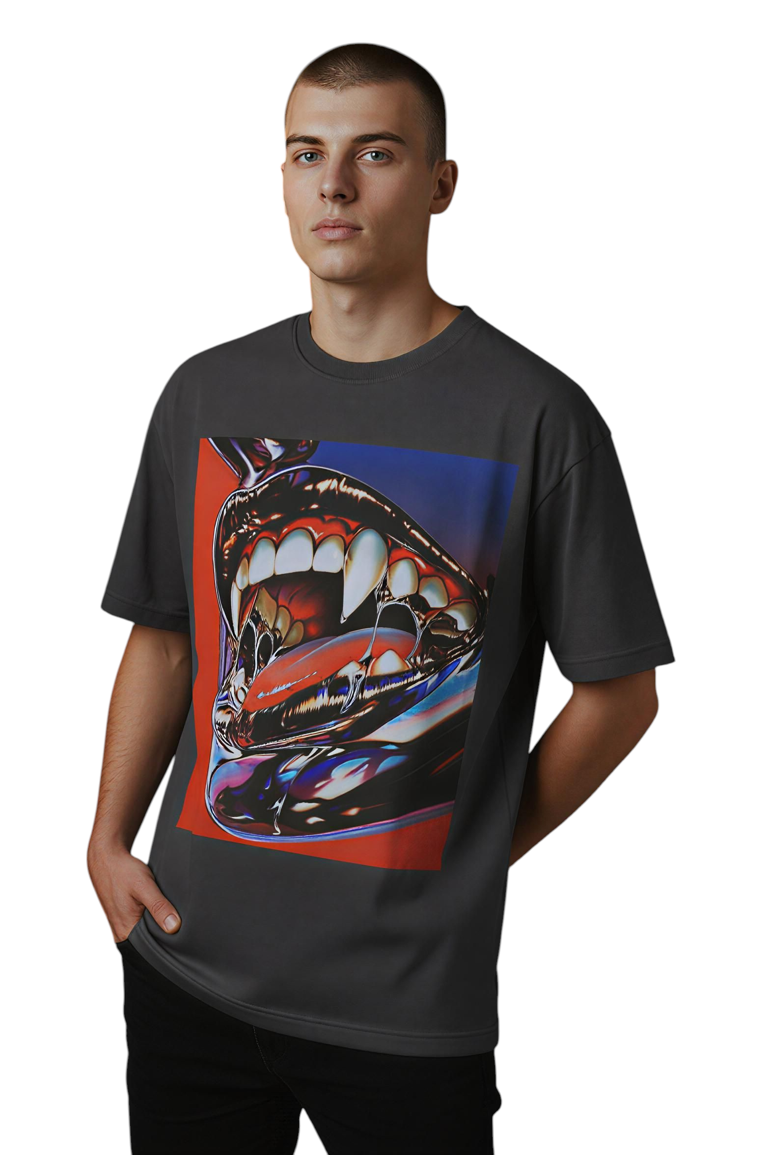 Model wearing the DarkThoughts ‘Chrome Hunger’ graphic t-shirt featuring a surreal chrome mouth and teeth artwork — bold gothic grunge streetwear.