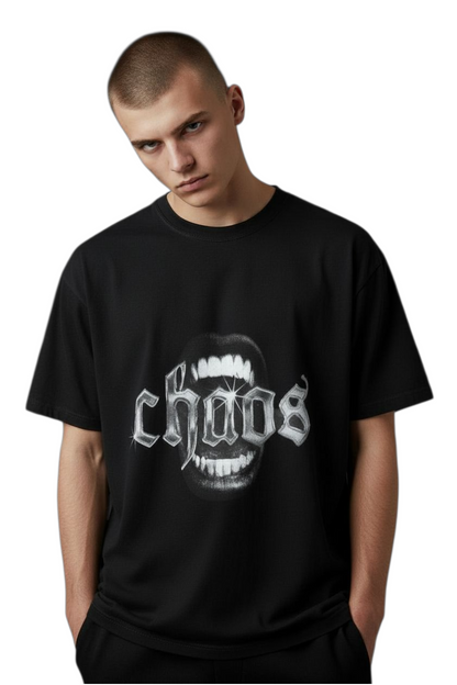 Model wearing the DarkThoughts ‘Chaos’ black graphic t-shirt featuring the gothic mouth and sharp teeth artwork — dark grunge alternative streetwear.