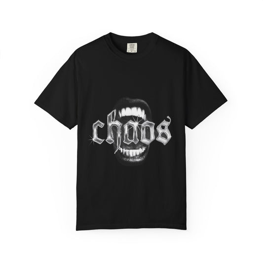 DarkThoughts ‘Chaos’ black unisex graphic t-shirt featuring gothic mouth and sharp teeth artwork — dark grunge alternative streetwear tee.